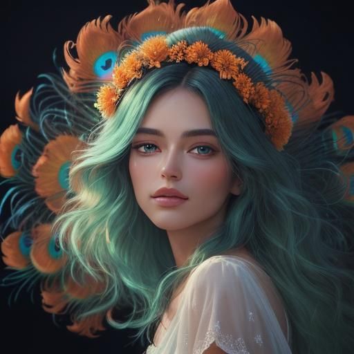 Ethereal Portrait of Woman with Peacock Feathers as Oil Pain...
