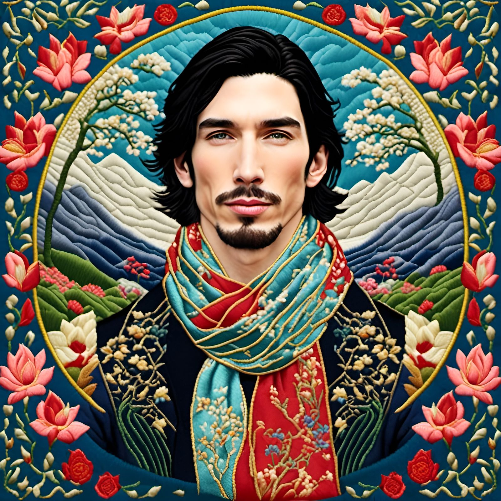 Embroidered Scarf Featuring a Portrait