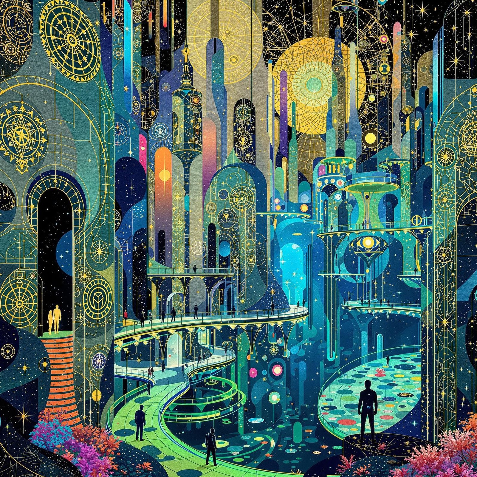 Gustav Klimt-Inspired Cosmic Cityscape in Alien Ocean
