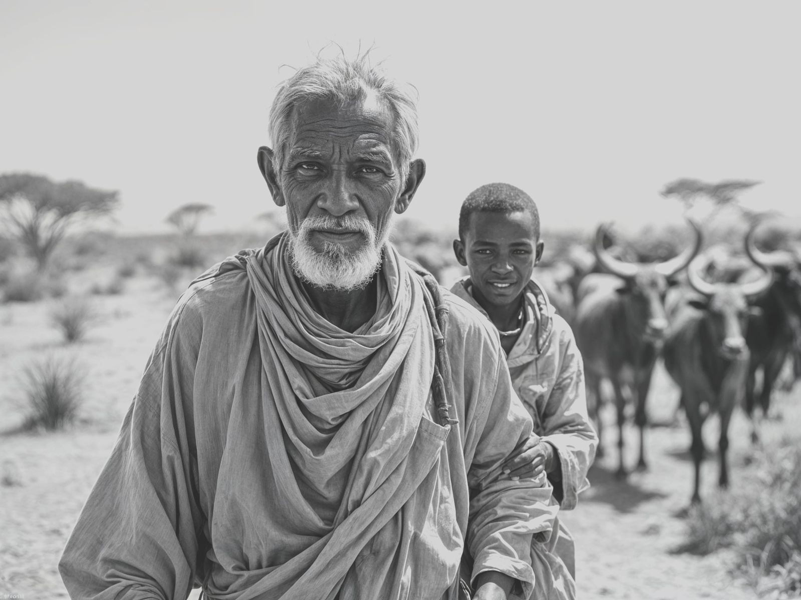 Elderly Man and Grandson Herding Cattle in Desert
