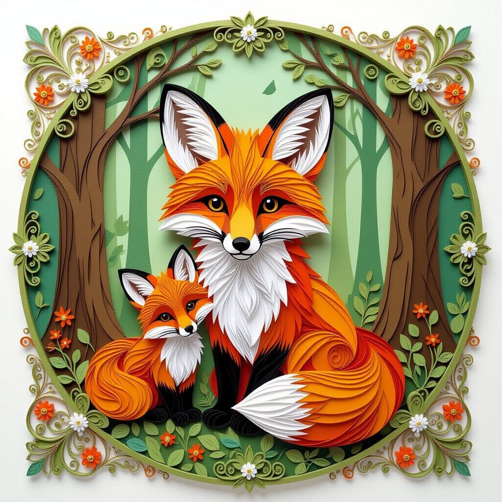 Baby Fox Family in Forest, Paper Quilling Style