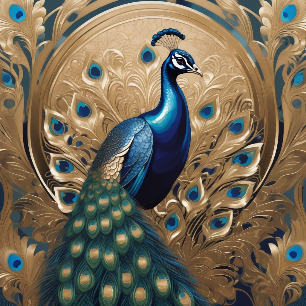 Regal Art Deco Peacock in Metallic Tamara de Lempicka Style