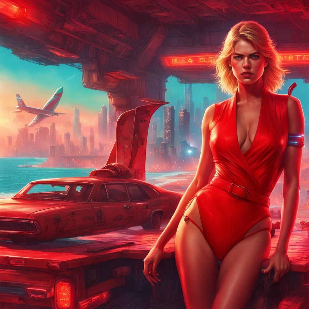 Kate Upton in Red Bikini, Cyberpunk Beach