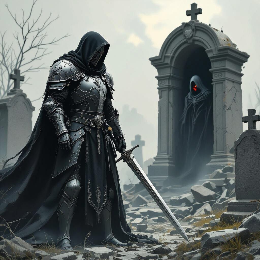 Dark Knight Awaiting Demon in Ruined Cemetery
