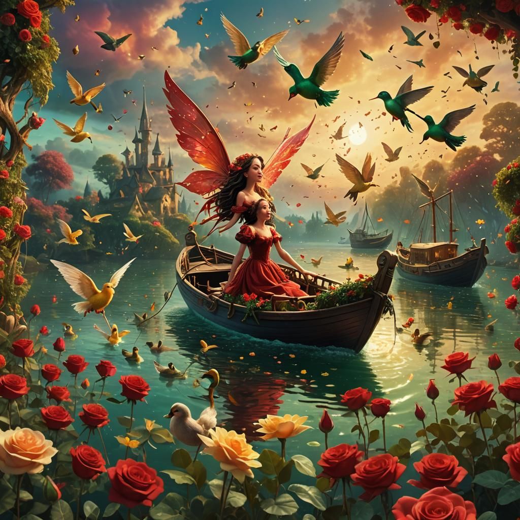 Fantastical Flower with Fairies and Ducks, Digital Painting