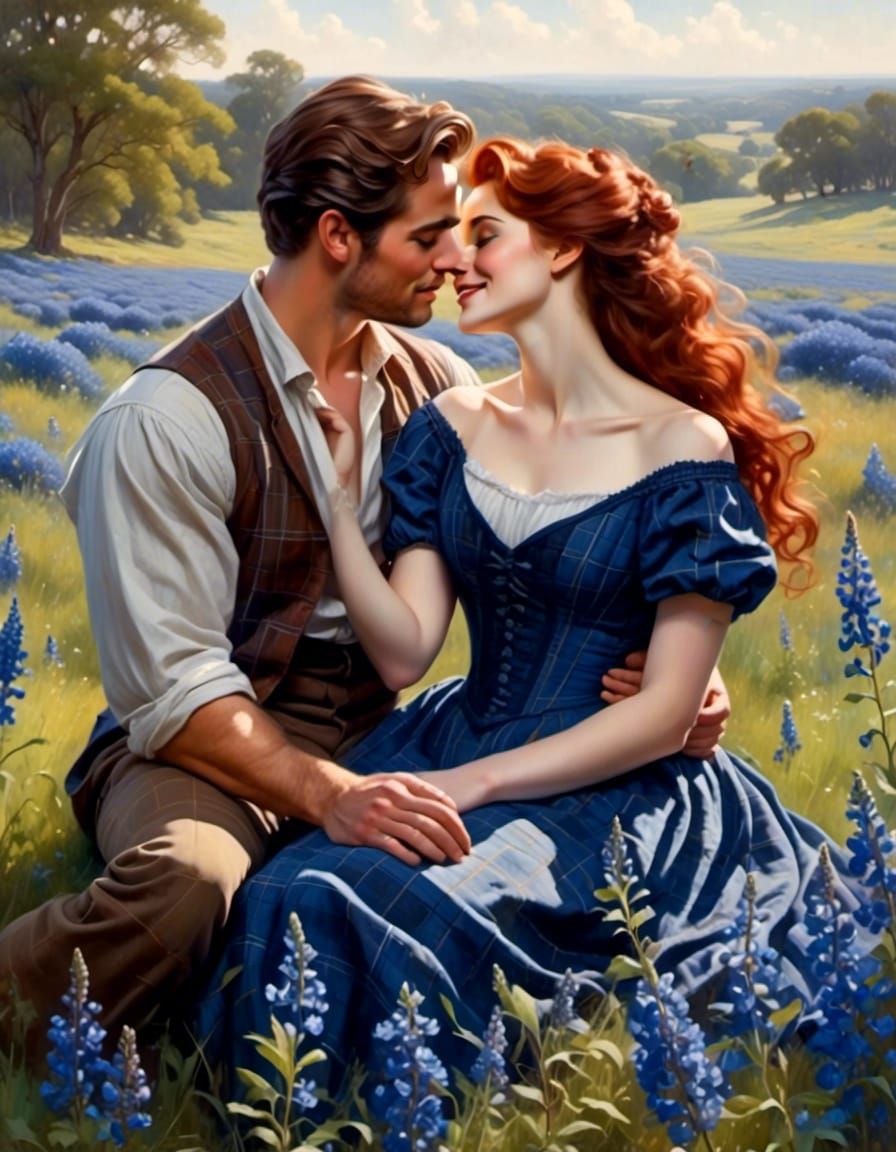 Victorian Woman in Bluebonnets Kissing Man: Fantasy Portrait