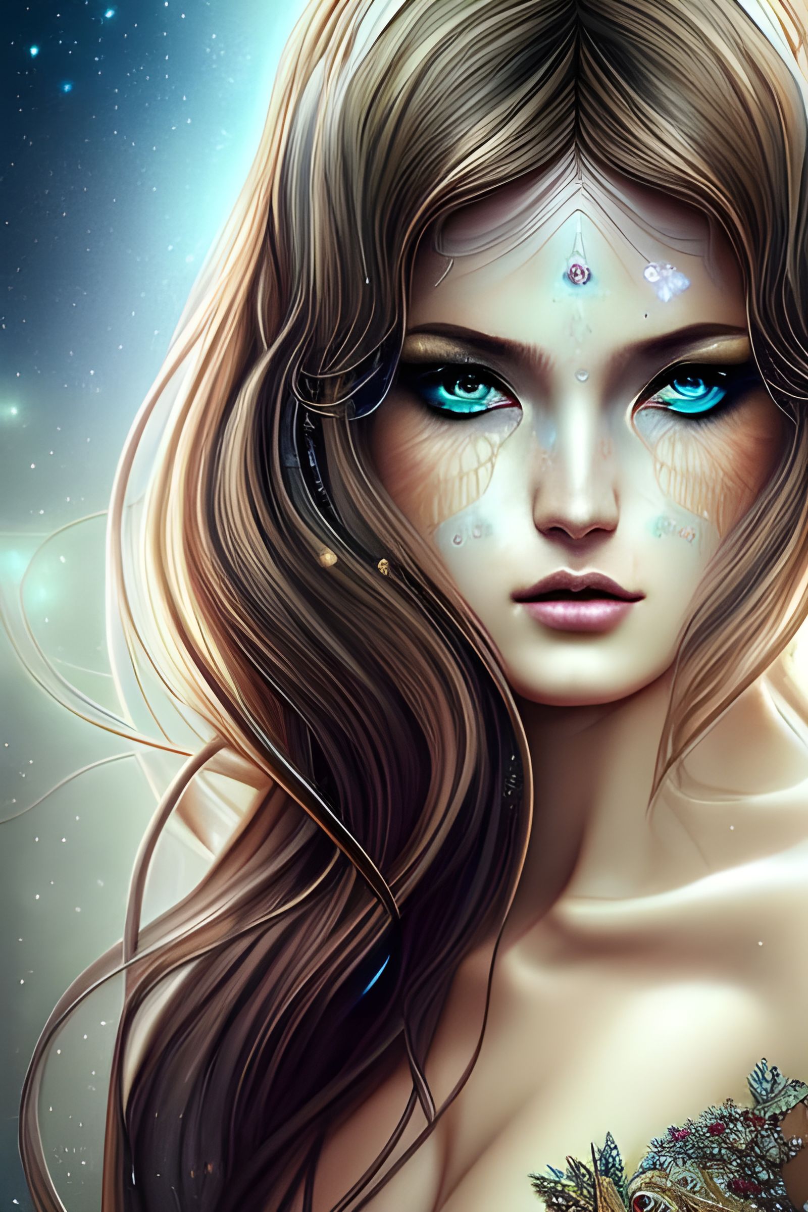 Cosmic Goddess with Sapphire Eyes: Digital Art
