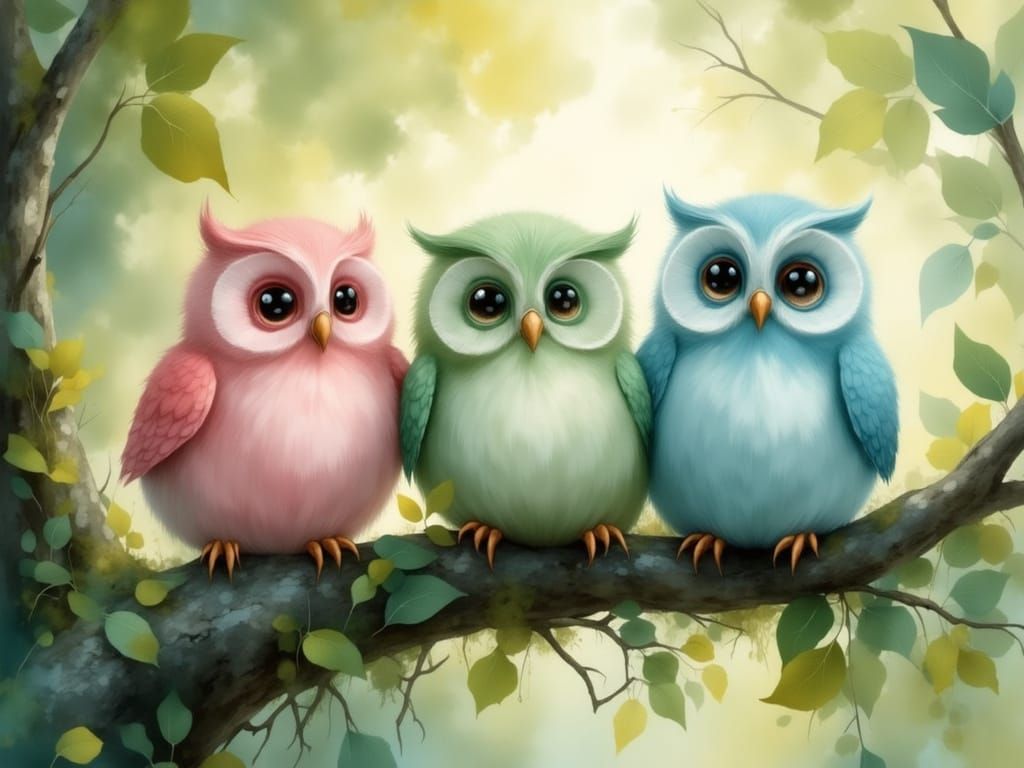 Whimsical Owls Perch on Branch in Pastel Hues