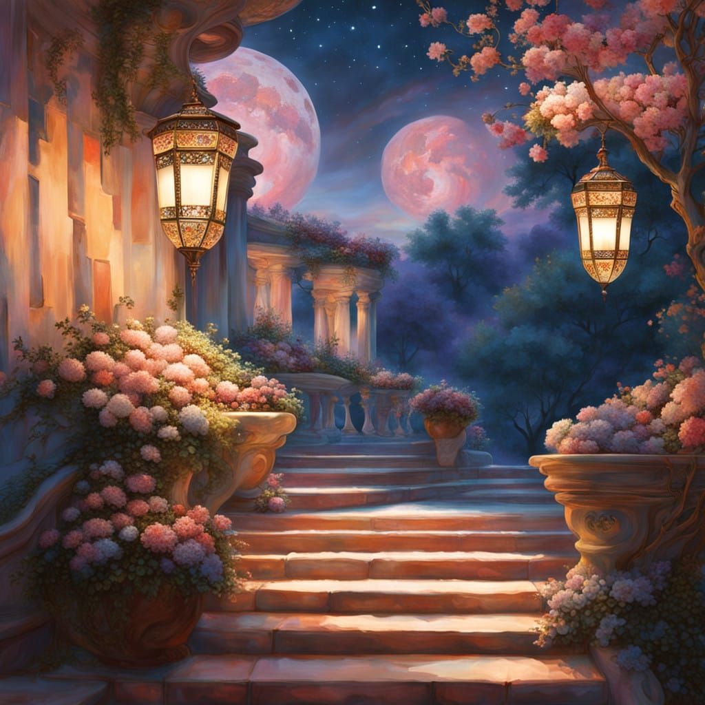 Ethereal Art Nouveau Staircase Ascends into Starry Skies