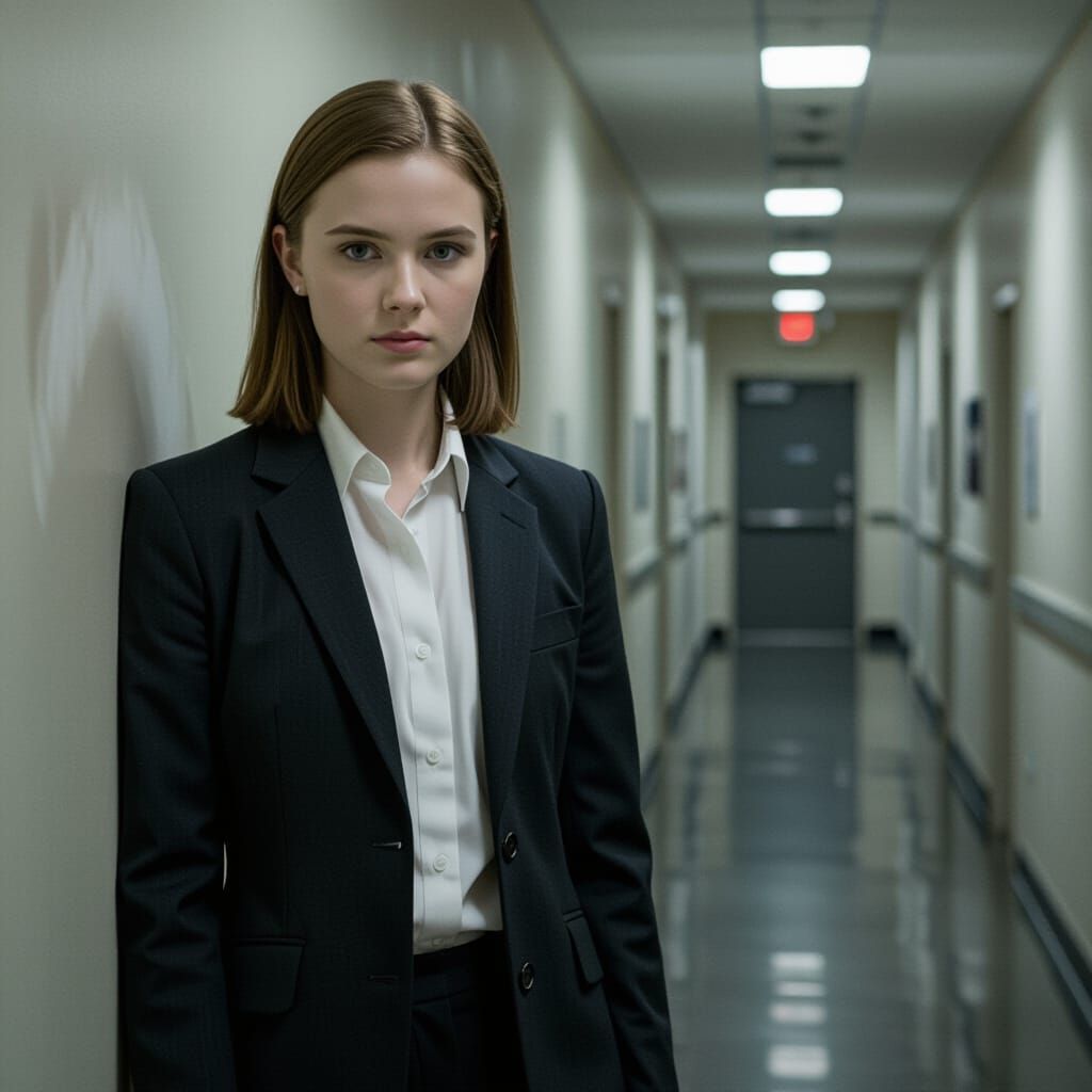 Eerie FBI Agent in Dim Corridor: Psychological Thriller