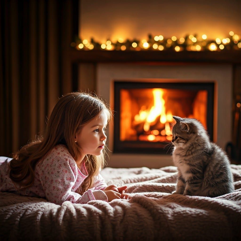 Cozy Scene: Girl, Cat, and Puppy by Fireplace