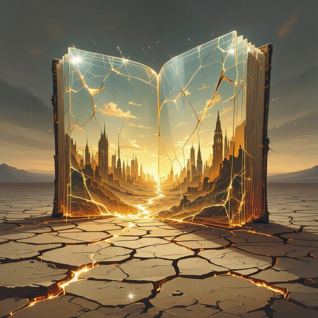 Colossal Glass Book on Cracked Earth Glowing Gold