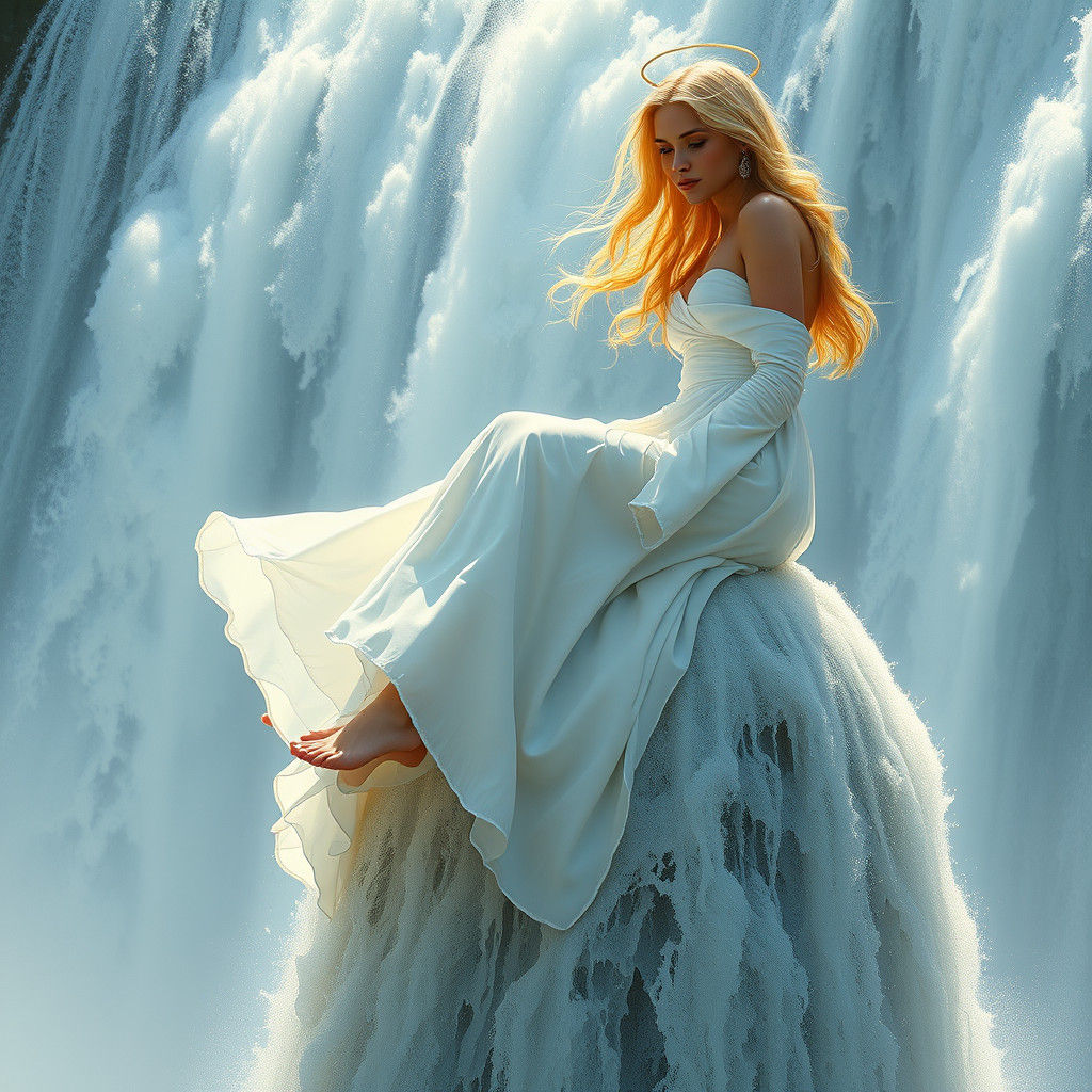 Waterfall Maiden in Flowing White Gown