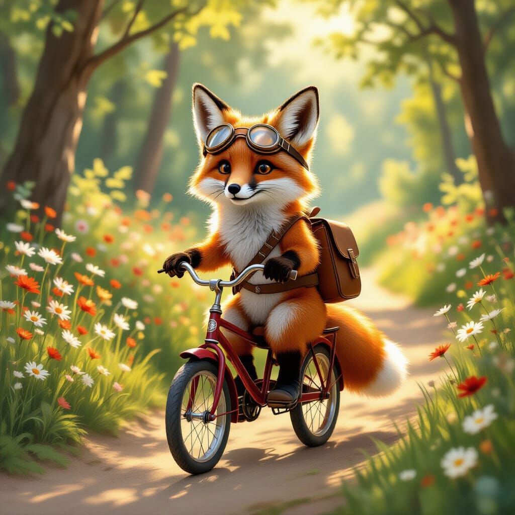 Fox Rides Tricycle in Beatrix Potter Style