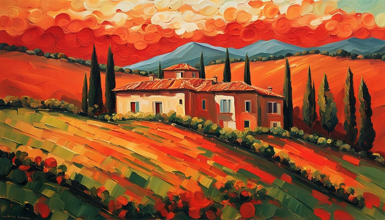 Italian Villa Sunset: Impasto Painting with Vibrant Colors