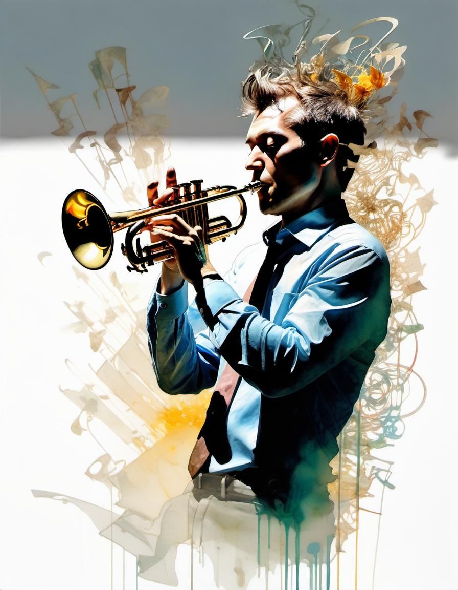Trumpet Player in Digital Watercolor Double Exposure