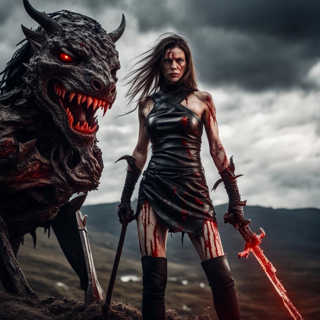 Female Warrior with Demonic Weapon on Battlefield