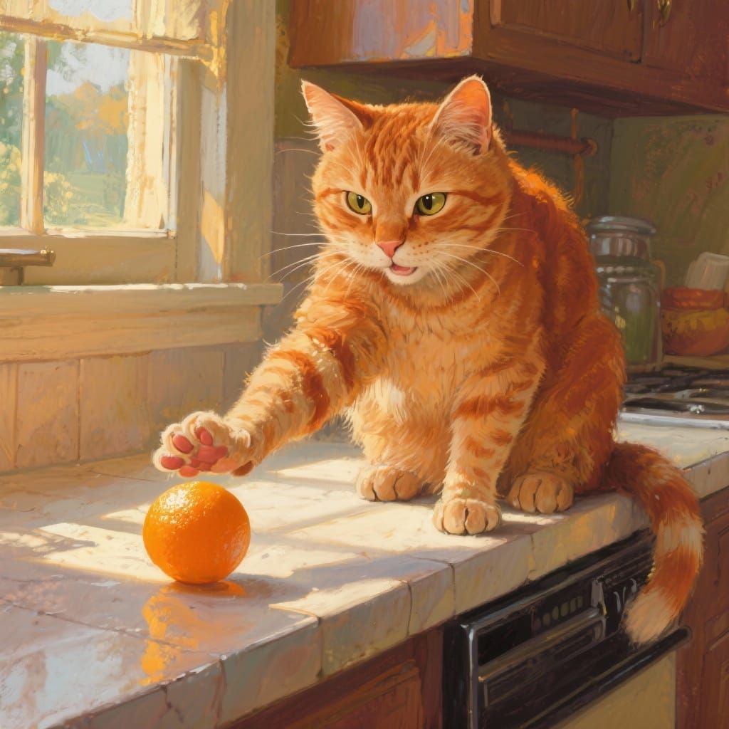 Mischievous Cat Pushes Orange Off Counter