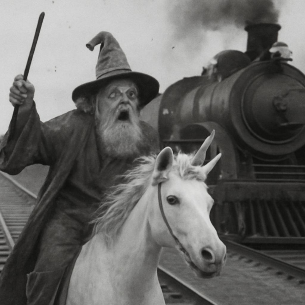 Surreal Wizard Rides Unicorn Beside Steam Train in Low Budge...