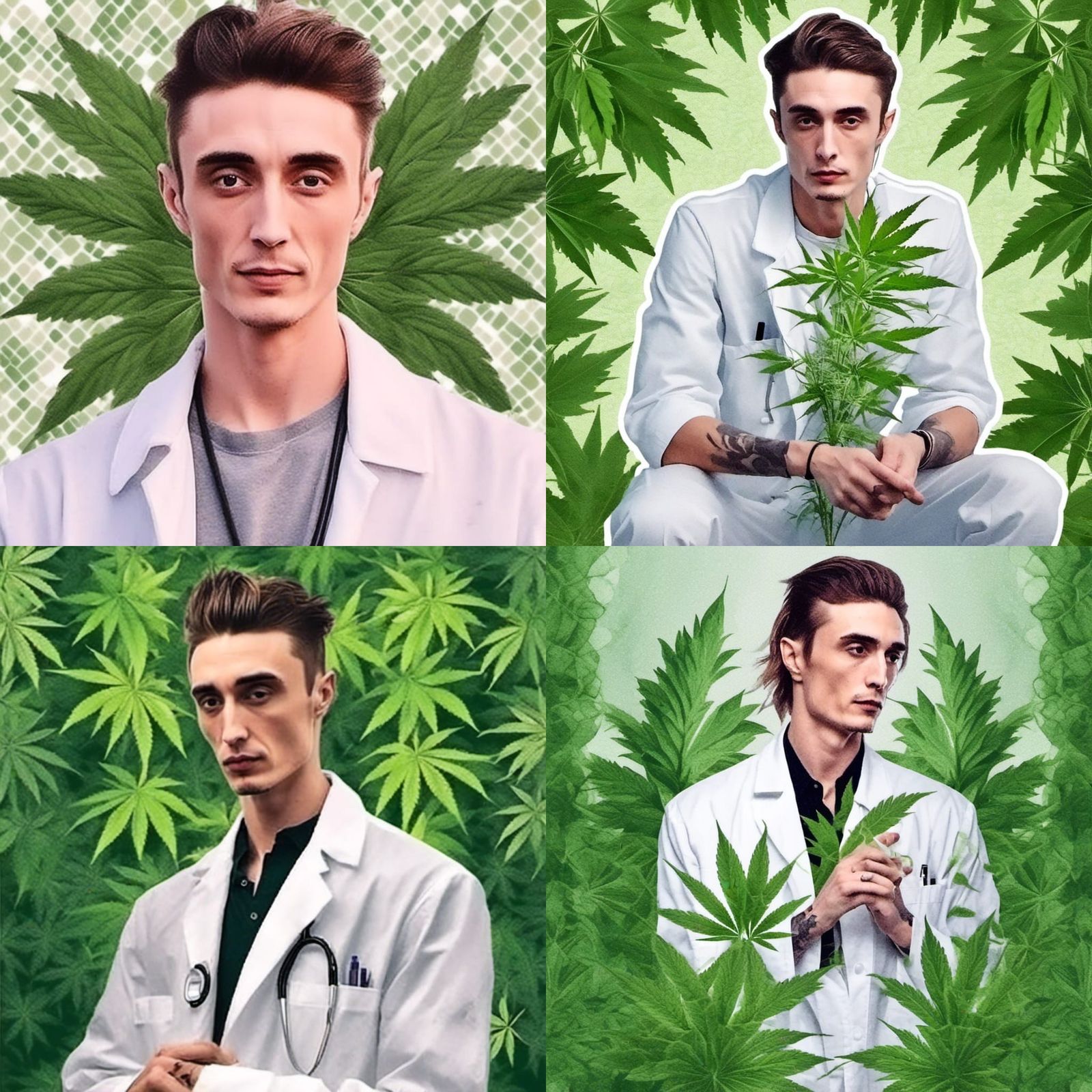 Lab Coat Portrait with Cannabis Leaf, Geometric Watercolor