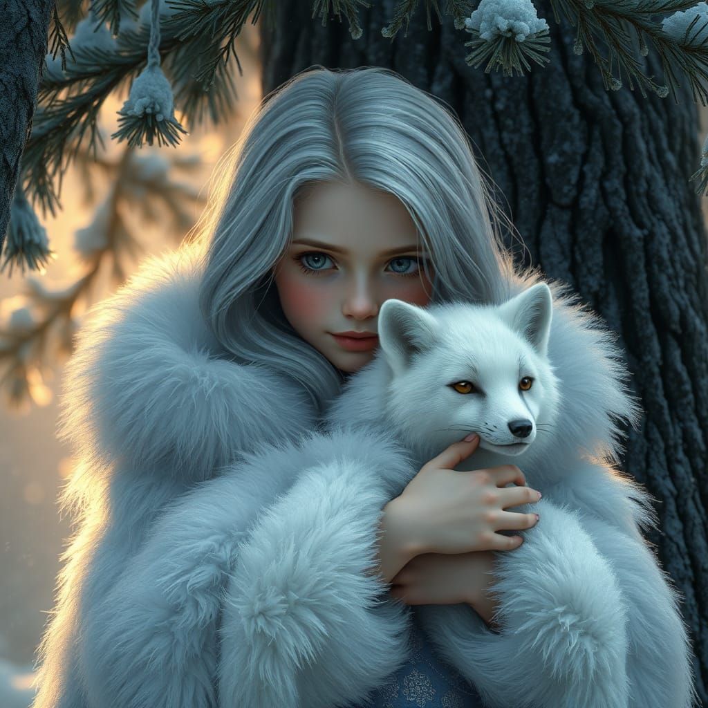 Icy Forest Girl with Fox: Fantasy Concept Art