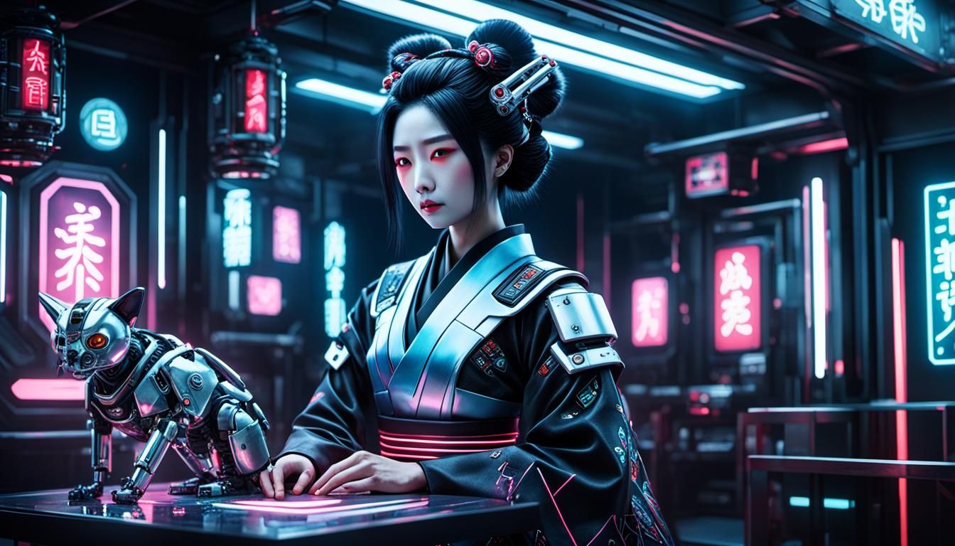 Cyberpunk Geisha with Robotic Pets in Neon Japan