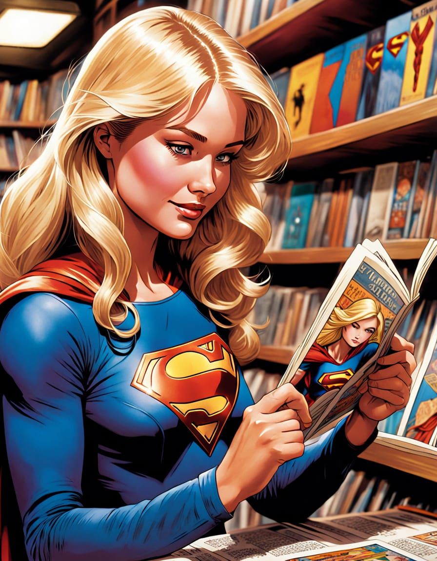 Comic Book Art of Girl Reading Supergirl