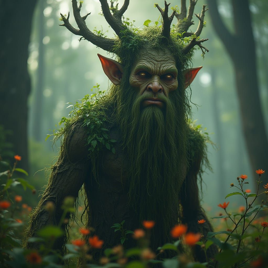 Ethereal Tree Spirit in Misty Forest Clearing
