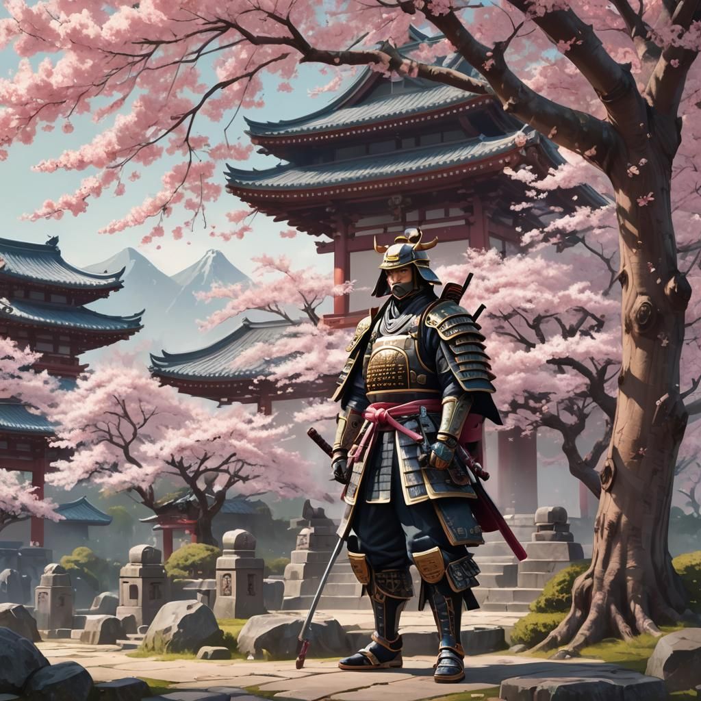 Samurai Near Temple in Anime Art Style