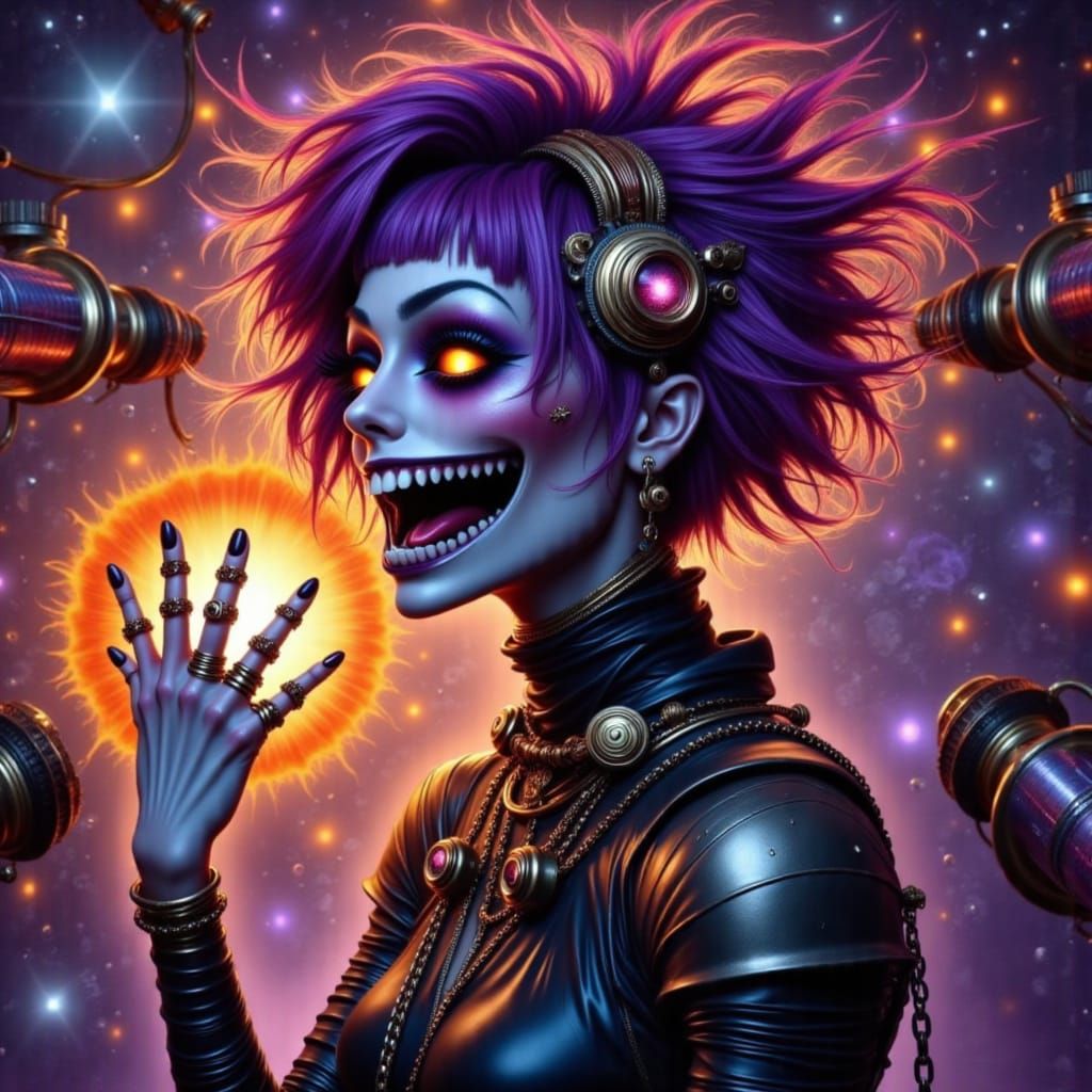 Steampunk Witch Breathing Fire in Cyberpunk Style