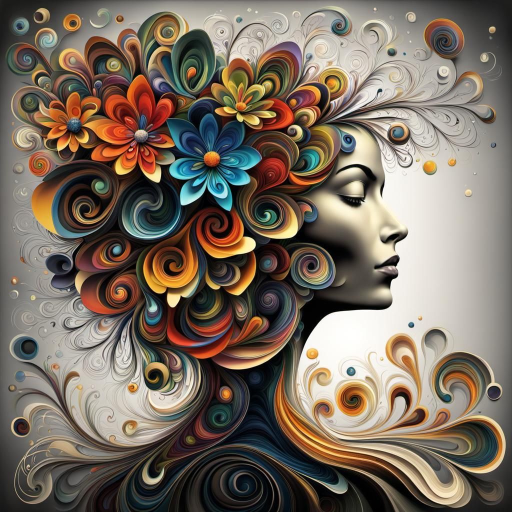 Jackson Pollock and Josephine Wall inspired 3D portrait of a flower made up of multiple layers of flowers