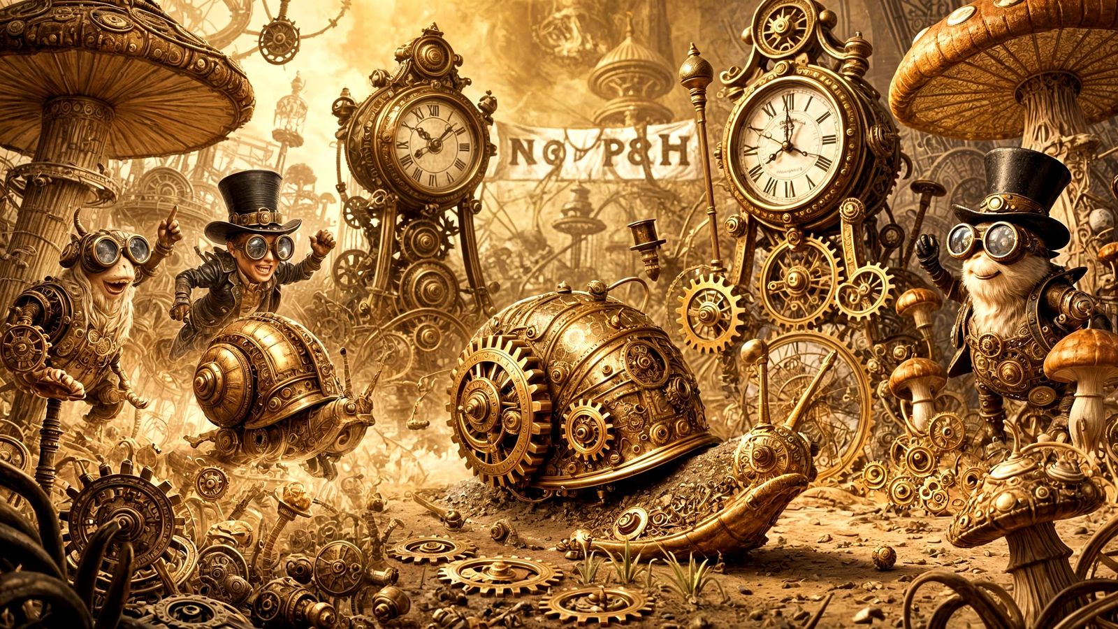 Steampunk Snails Race in Whimsical Mushroom Garden
