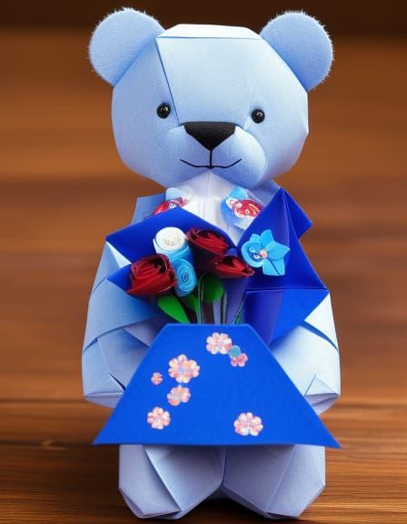 Smiling Teddy Bear with Rose Bouquet in Origami Style