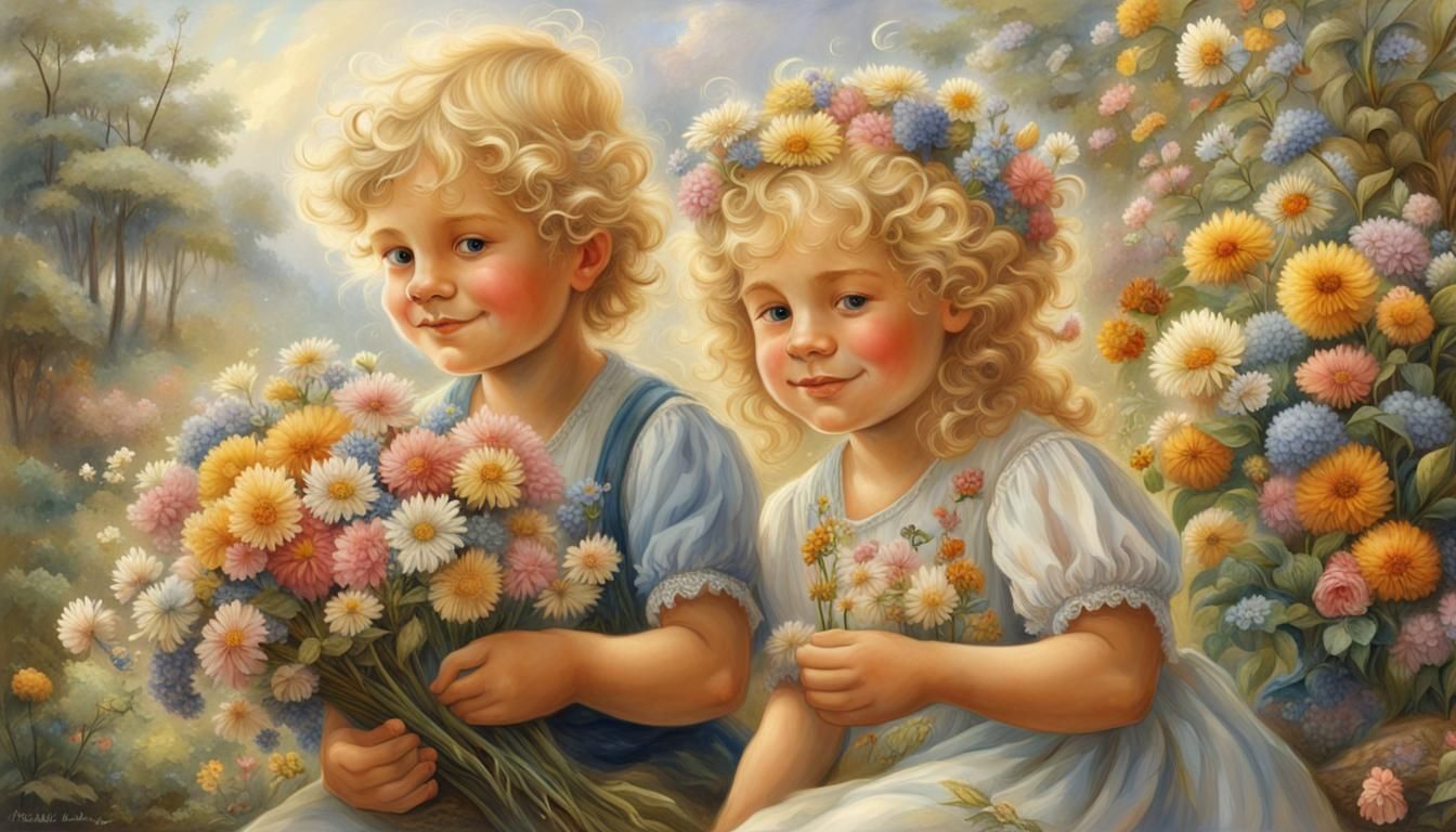 1blonde curly little beautiful BOY and 1adorable blonde little cute GIRL ,3 years ((( boy hands a bouquet of delicate fl...