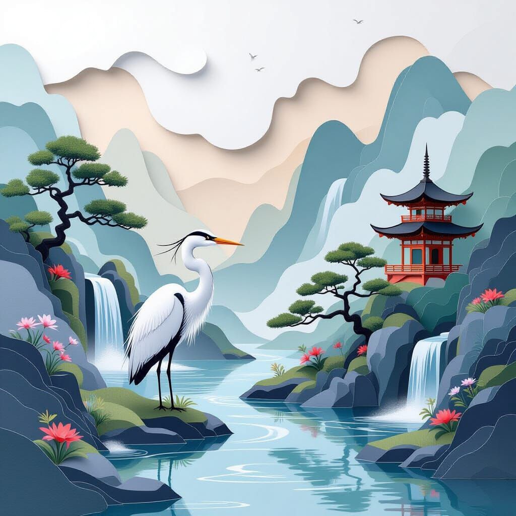 Elegant Heron in a Paper Zen Garden