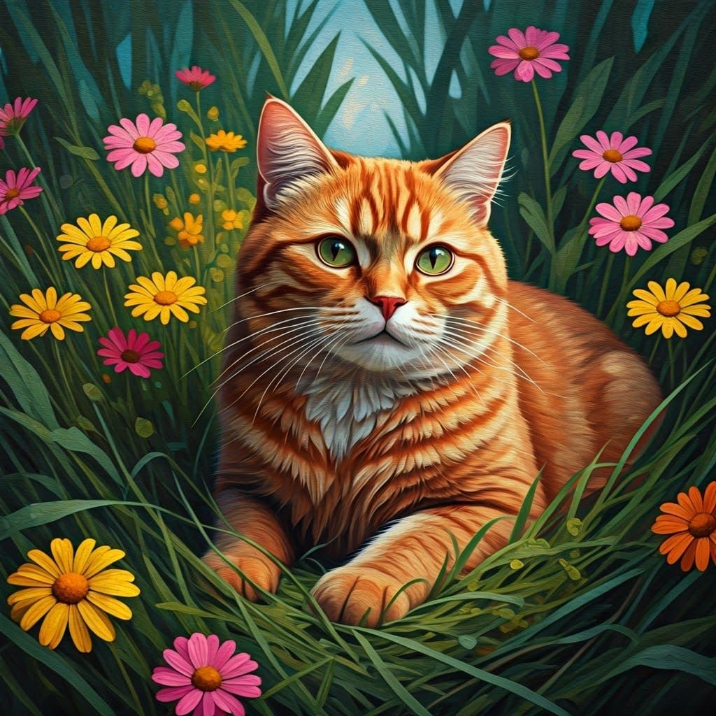 Red Cat Lounging in Floral Meadow, Impressionistic Style