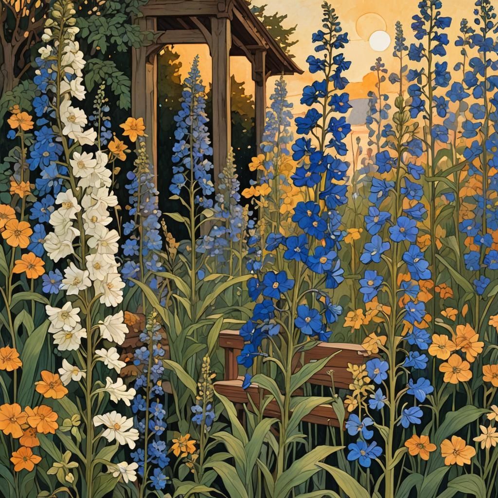 Art Nouveau Garden with Delphinium in Klimt-Gorey Style
