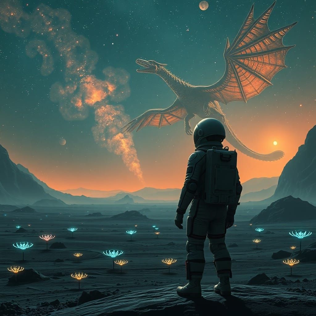 Astronaut Encounters Colossal Dragon on Alien Planet