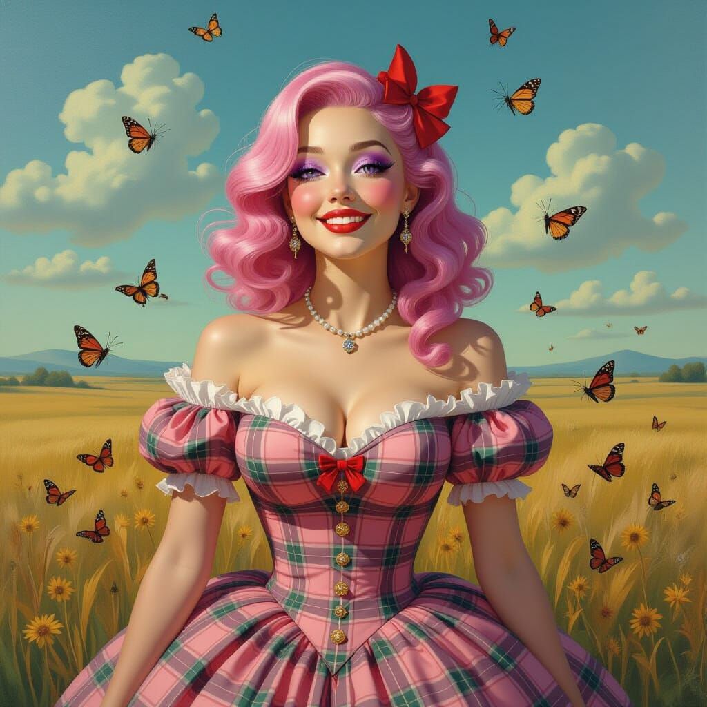 Woman in Plaid Gown with Moths, Surreal Oil Painting