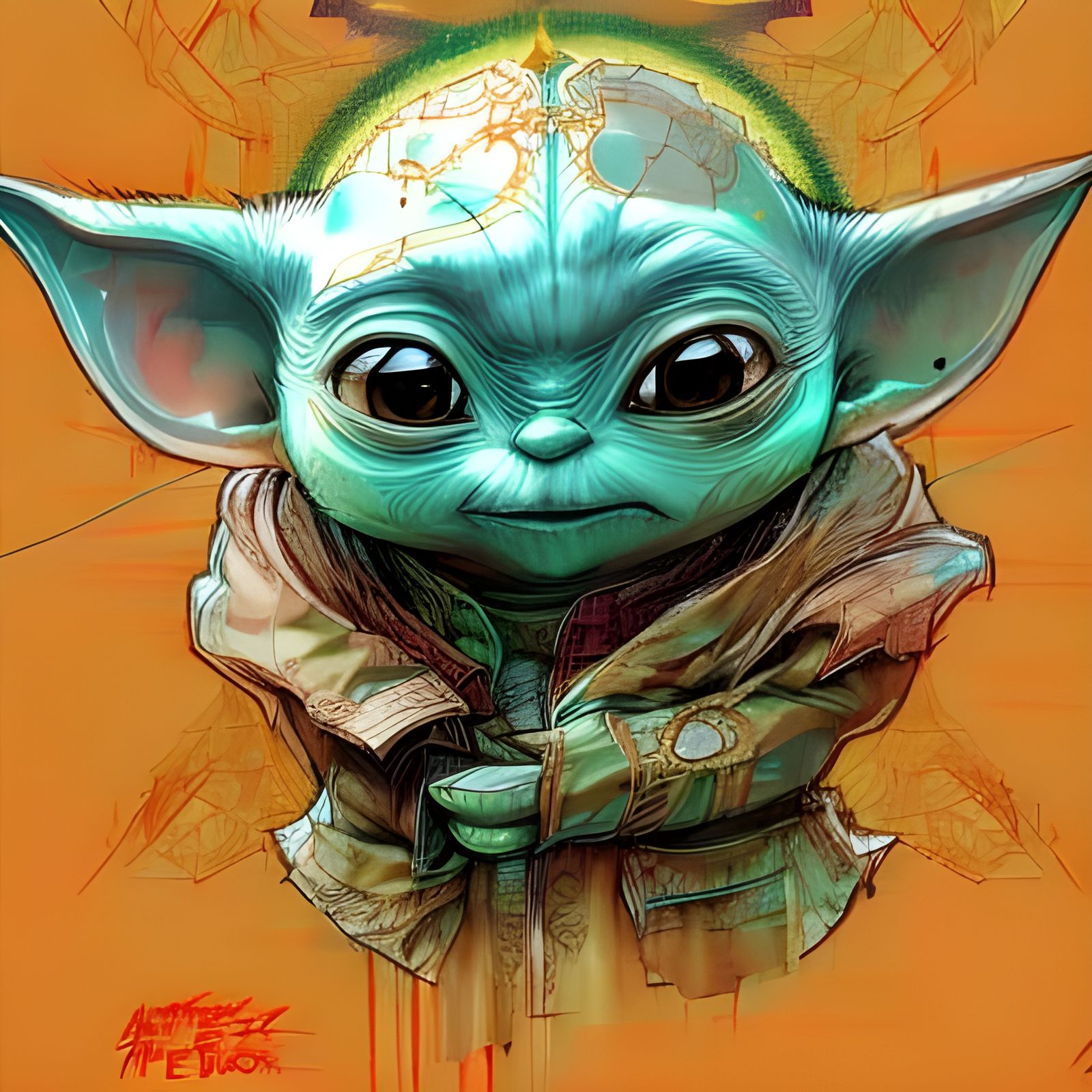 Adorable Baby Yoda Portrait with Gold Outlines
