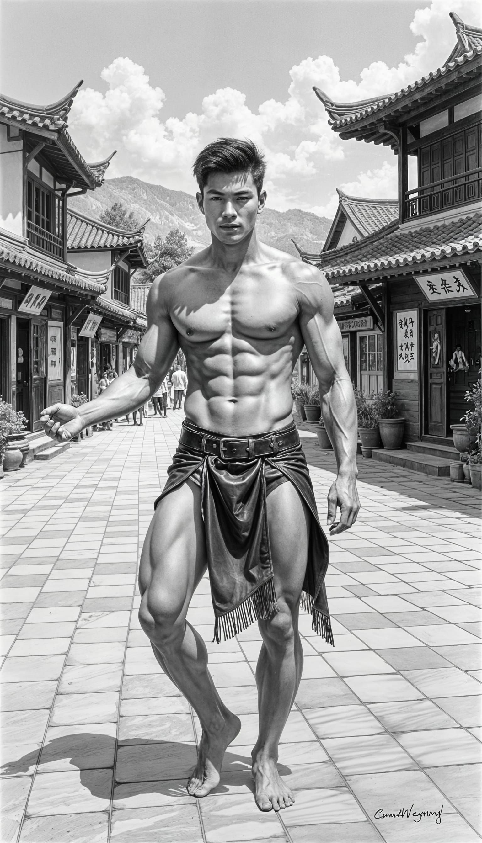 Gay Man Dancing in Village Square, Black and White Art