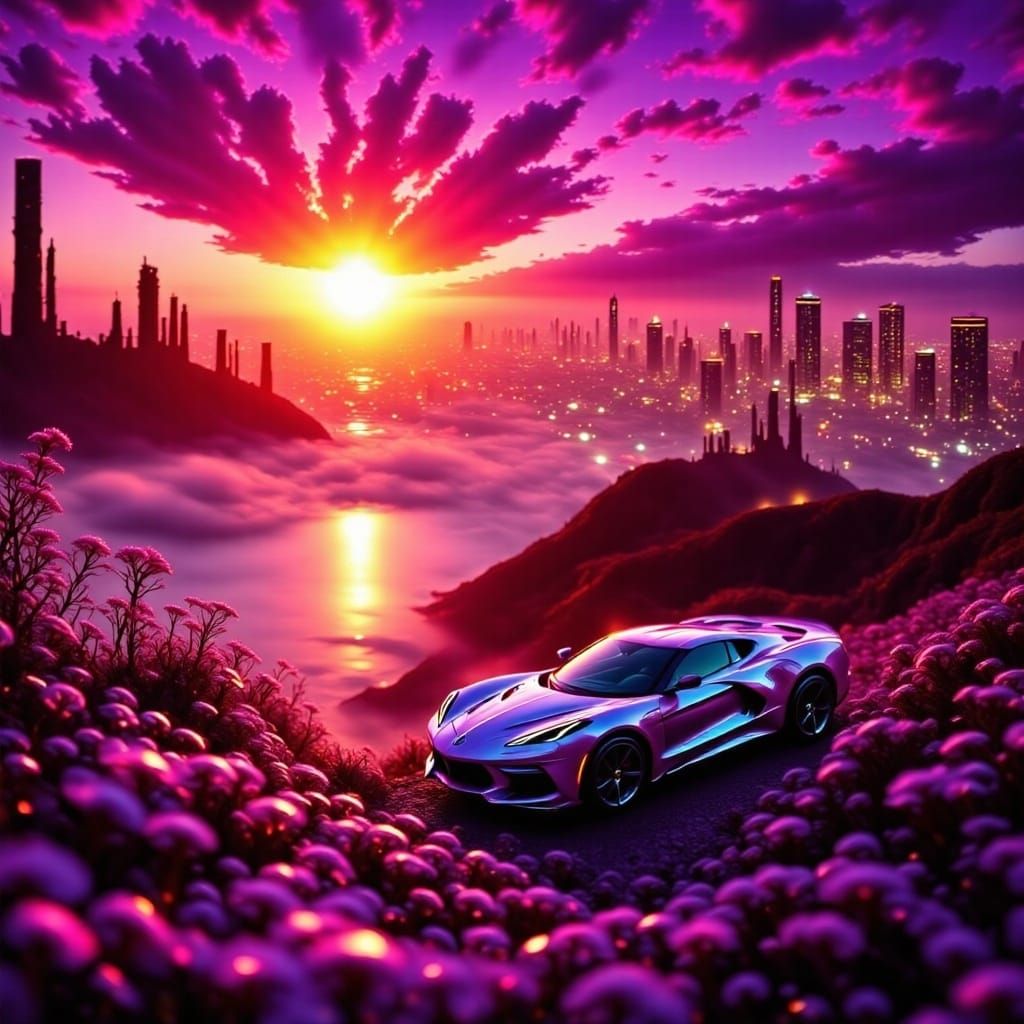 Shimmering LA Skyline at Intense Sunset with Purple Corvette