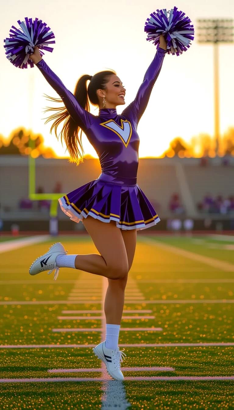 Cheerleader Jumps High in Golden Sunset Stadium