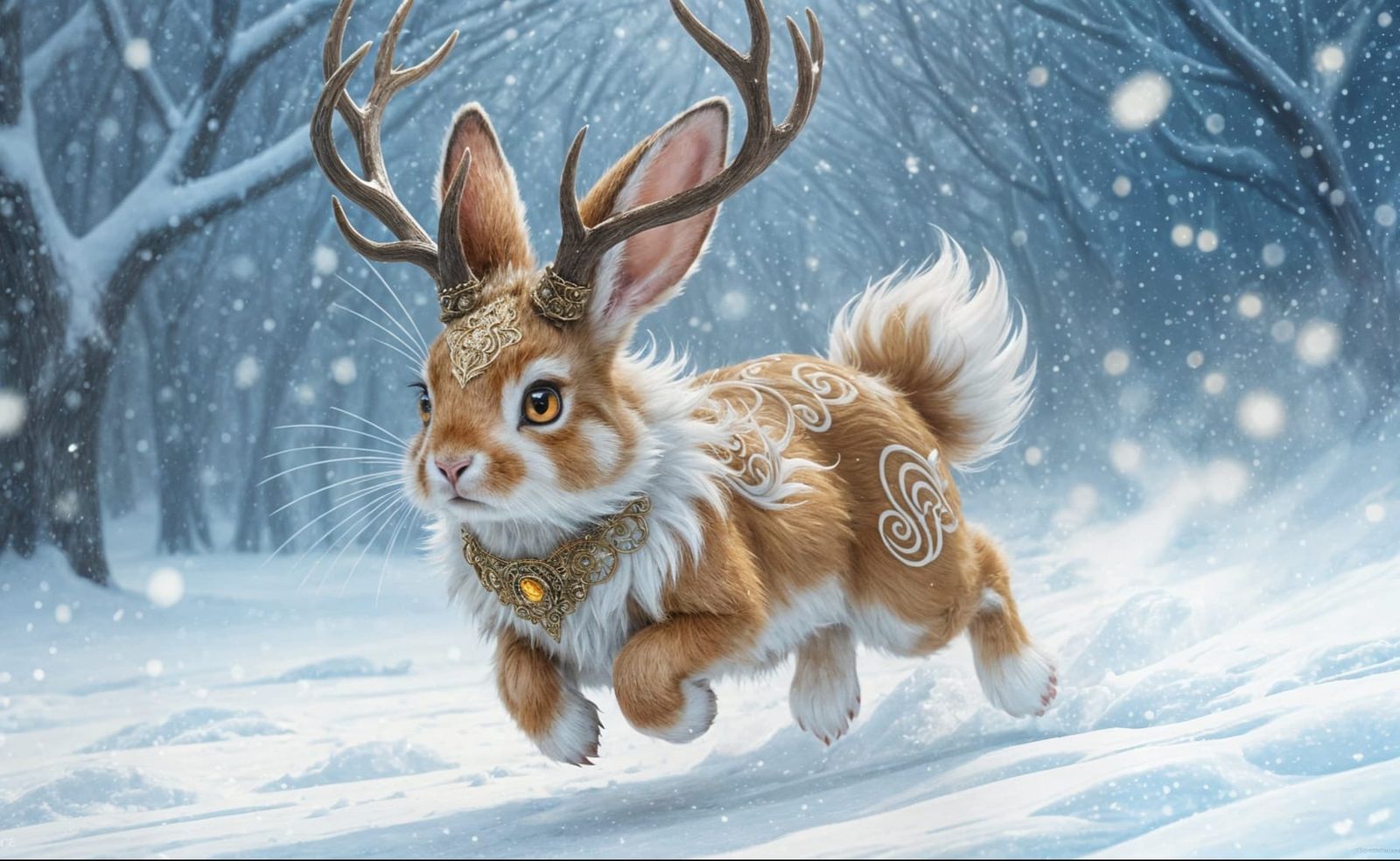 Fantasy Fairy Bunny in Snowstorm, Ornate Oil Painting