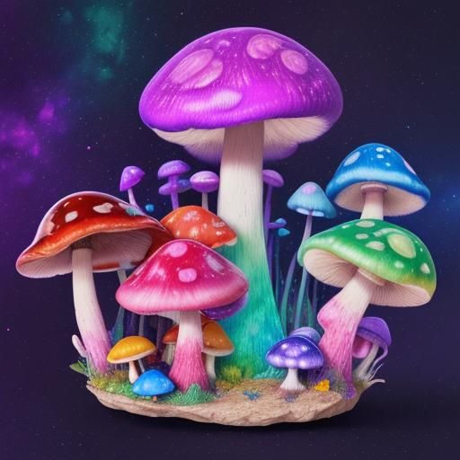 Holographic Cosmic Mushrooms in Visionary Art Style