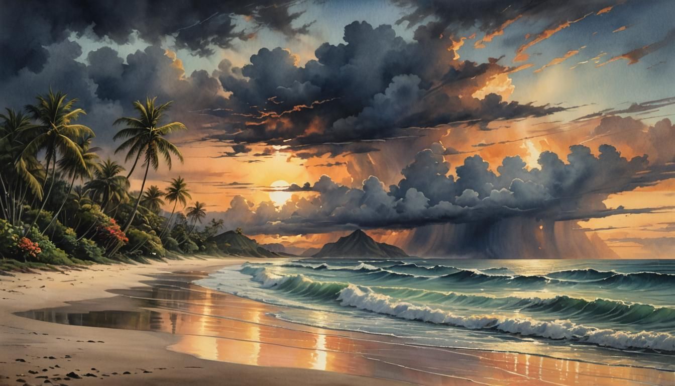 Tropical Beach Sunset Under Approaching Typhoon in Watercolo...
