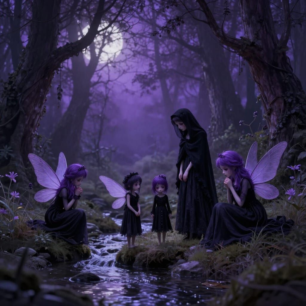 Purple Fairies Mourning in Enchanted Twilight Wood