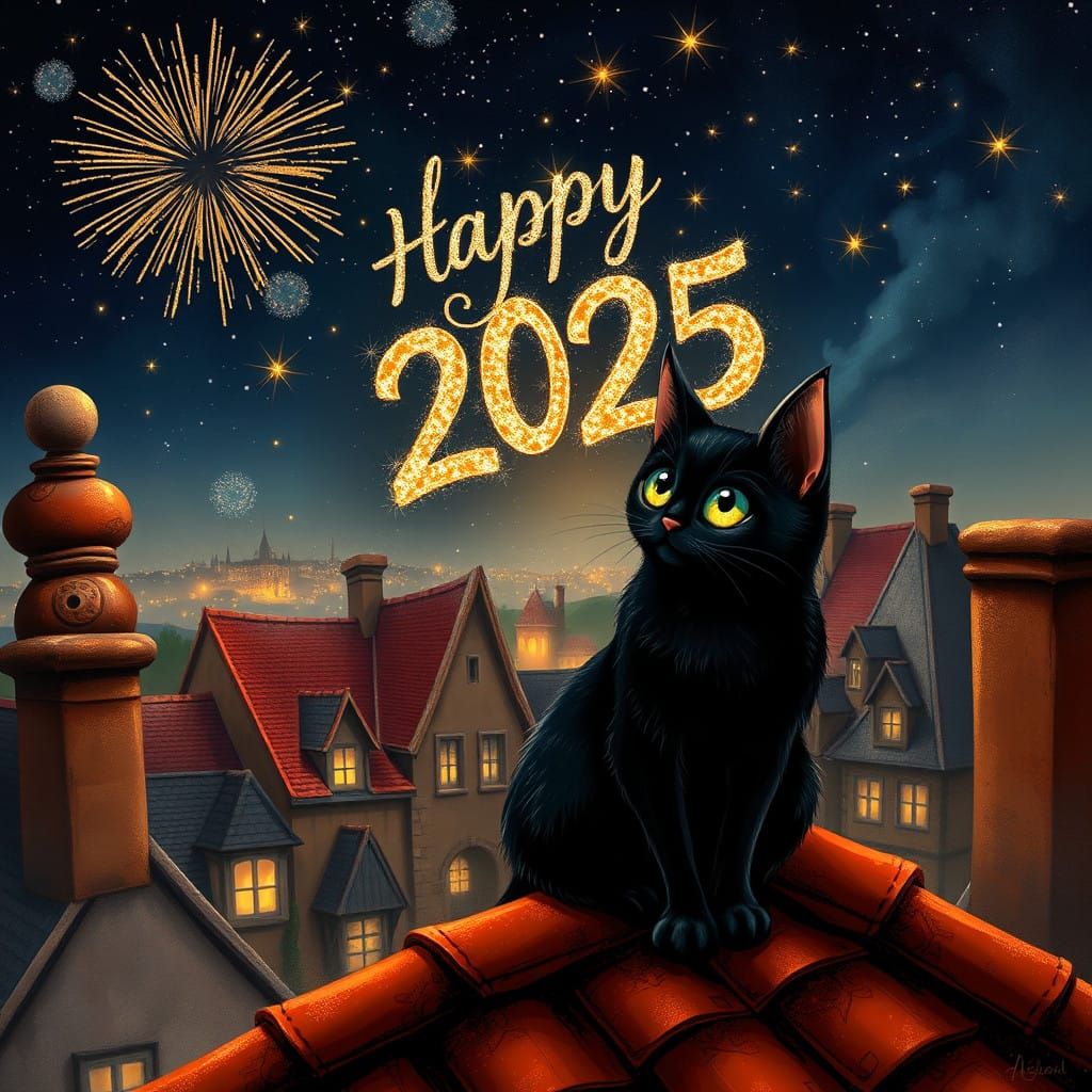 Whimsical Cat on Starry New Year's Eve Roof