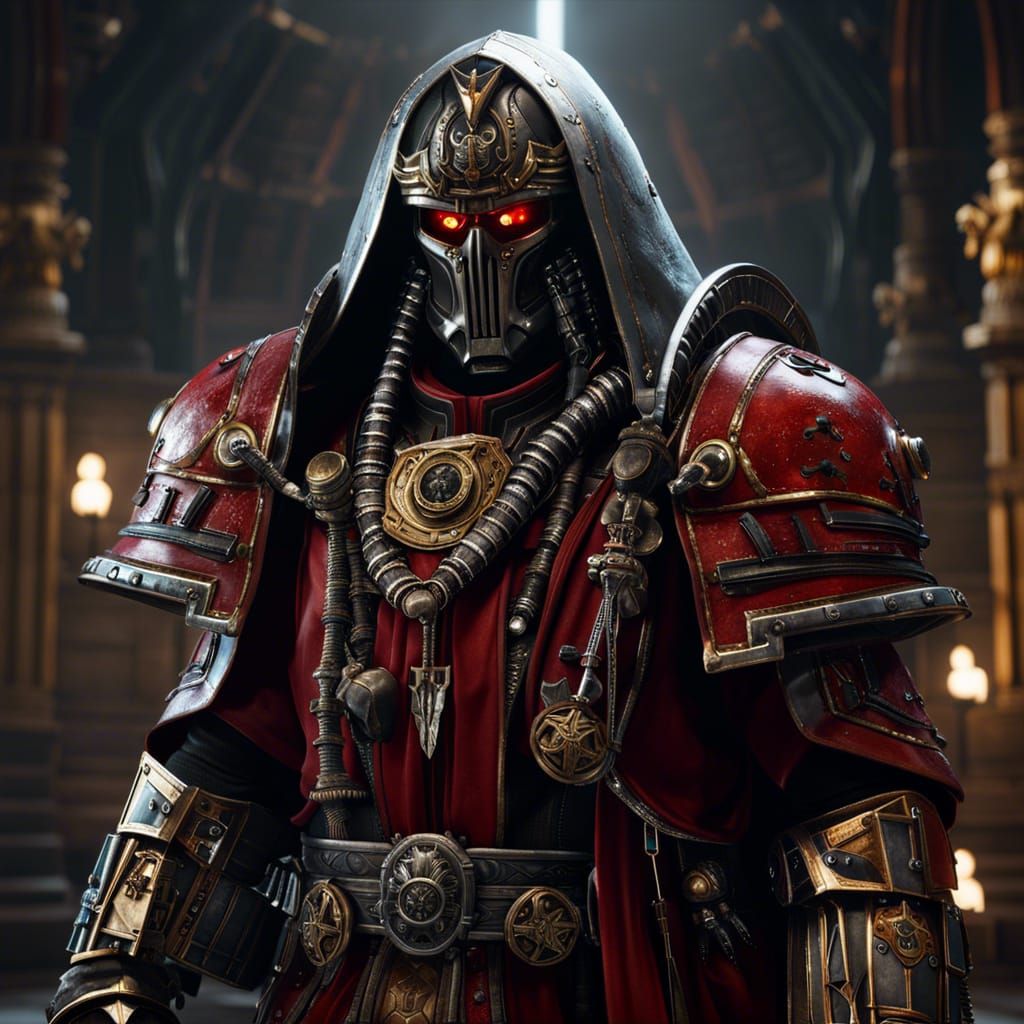 warhammer 40k tech priest standing in front of altair, photorealistic, hyperdetailed 3D Game Cinematic Feel, Epic 3D Vid...