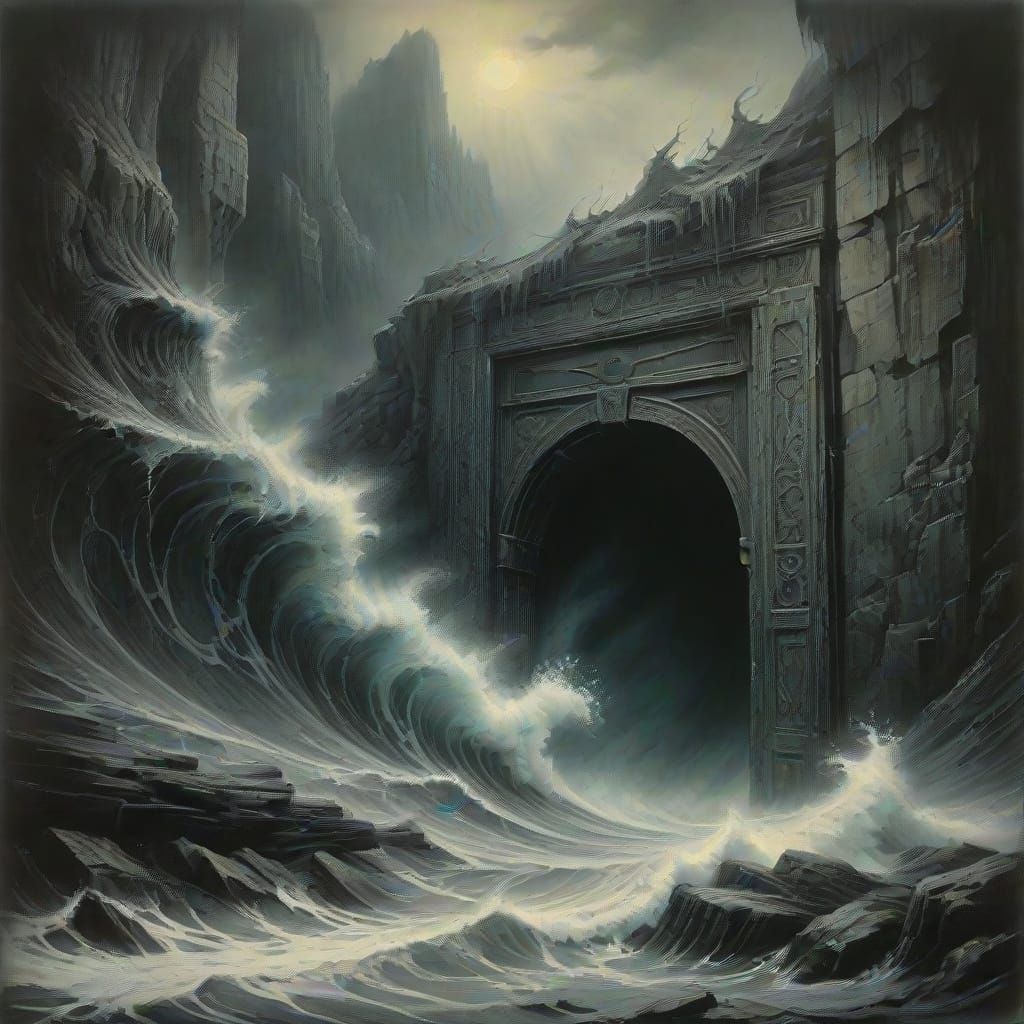 Turbulent Wave Crashes Against Ancient Door